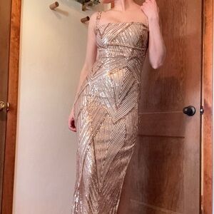 Hello Molly Champagne Gold Sequin Maxi Dress: Open Back and Side Slit Detail